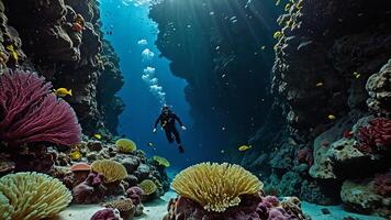 divers are exploring underwater cliff, deep sea underwater cliff views photo