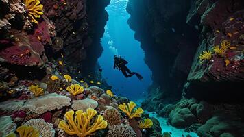 divers are exploring underwater cliff, deep sea underwater cliff views photo