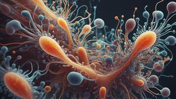 Abstract colorful microscopic structure of cells, neurons, veins, splash, circulation lines, microorganisms, micro dimensions photo