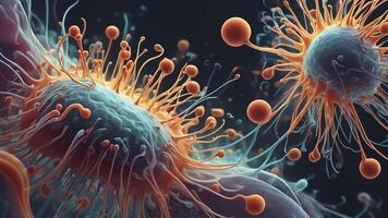 Abstract colorful microscopic structure of cells, neurons, veins, splash, circulation lines, microorganisms, micro dimensions photo