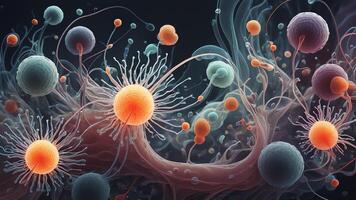 Abstract colorful microscopic structure of cells, neurons, veins, splash, circulation lines, microorganisms, micro dimensions photo