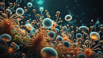 Abstract colorful microscopic structure of cells, neurons, veins, splash, circulation lines, microorganisms, micro dimensions photo