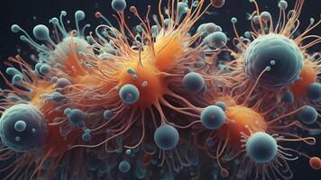 Abstract colorful microscopic structure of cells, neurons, veins, splash, circulation lines, microorganisms, micro dimensions photo