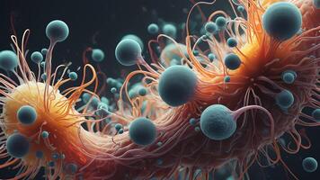Abstract colorful microscopic structure of cells, neurons, veins, splash, circulation lines, microorganisms, micro dimensions photo