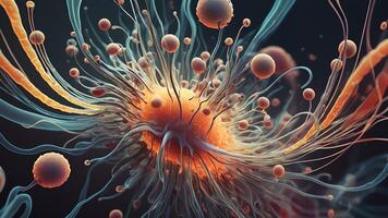 Abstract colorful microscopic structure of cells, neurons, veins, splash, circulation lines, microorganisms, micro dimensions photo