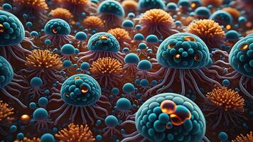 Abstract colorful microscopic structure of cells, neurons, veins, splash, circulation lines, microorganisms, micro dimensions photo