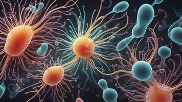 Abstract colorful microscopic structure of cells, neurons, veins, splash, circulation lines, microorganisms, micro dimensions photo