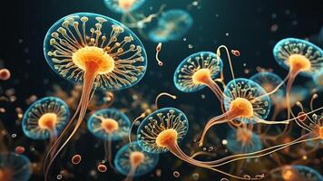 Abstract colorful microscopic structure of cells, neurons, veins, splash, circulation lines, microorganisms, micro dimensions photo