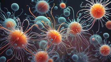 Abstract colorful microscopic structure of cells, neurons, veins, splash, circulation lines, microorganisms, micro dimensions photo