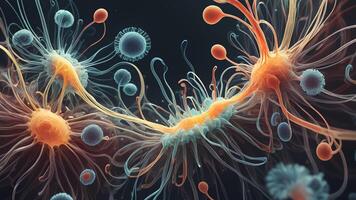 Abstract colorful microscopic structure of cells, neurons, veins, splash, circulation lines, microorganisms, micro dimensions photo