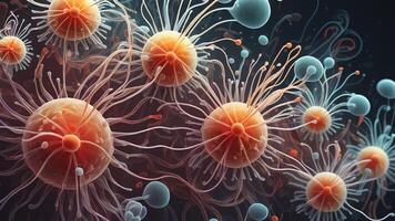 Abstract colorful microscopic structure of cells, neurons, veins, splash, circulation lines, microorganisms, micro dimensions photo