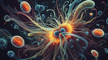 Abstract colorful microscopic structure of cells, neurons, veins, splash, circulation lines, microorganisms, micro dimensions photo