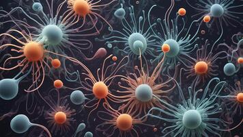 Abstract colorful microscopic structure of cells, neurons, veins, splash, circulation lines, microorganisms, micro dimensions photo