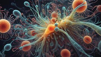 Abstract colorful microscopic structure of cells, neurons, veins, splash, circulation lines, microorganisms, micro dimensions photo