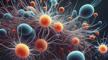 Abstract colorful microscopic structure of cells, neurons, veins, splash, circulation lines, microorganisms, micro dimensions photo