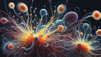 Abstract colorful microscopic structure of cells, neurons, veins, splash, circulation lines, microorganisms, micro dimensions photo