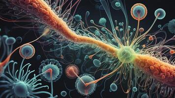 Abstract colorful microscopic structure of cells, neurons, veins, splash, circulation lines, microorganisms, micro dimensions photo