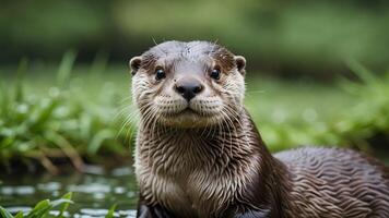otter, close up animal portrait with beautiful natural river views photo