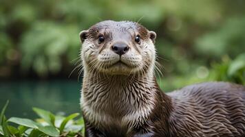otter, close up animal portrait with beautiful natural river views photo