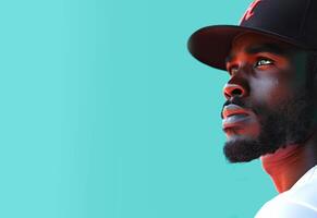 A black baseball player with a beard and mustache in a black cap looks up against a green background photo