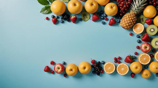Fruta en un azul mesa, diseño antecedentes objeto en el mesa, aleatorio Fruta marco frontera foto