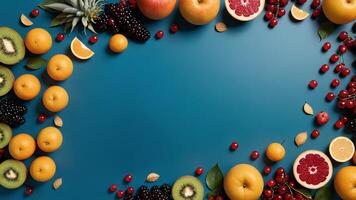 fruit on a blue table, design background object on the table, random fruit frame border photo
