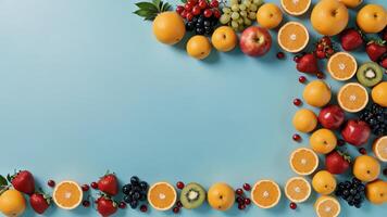 fruit on a blue table, design background object on the table, random fruit frame border photo