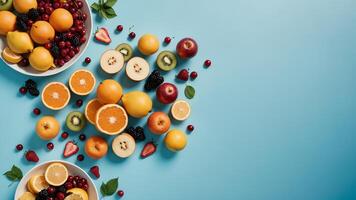 fruit on a blue table, design background object on the table, random fruit frame border photo