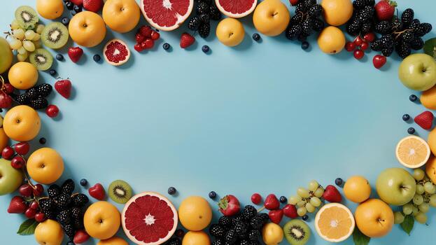 Fruta en un azul mesa, diseño antecedentes objeto en el mesa, aleatorio Fruta marco frontera foto