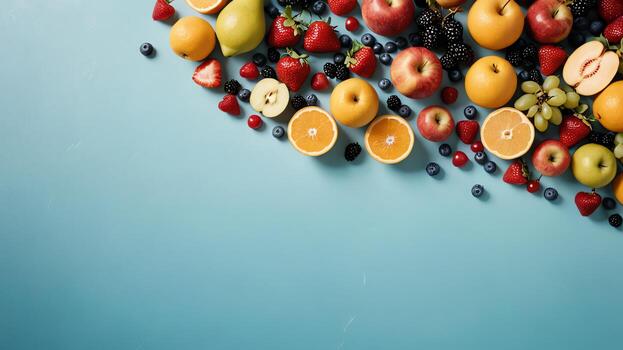 Fruta en un azul mesa, diseño antecedentes objeto en el mesa, aleatorio Fruta marco frontera foto
