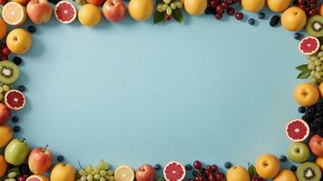fruit on a blue table, design background object on the table, random fruit frame border photo
