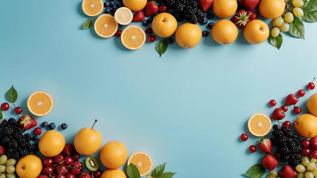 Fruta en un azul mesa, diseño antecedentes objeto en el mesa, aleatorio Fruta marco frontera foto
