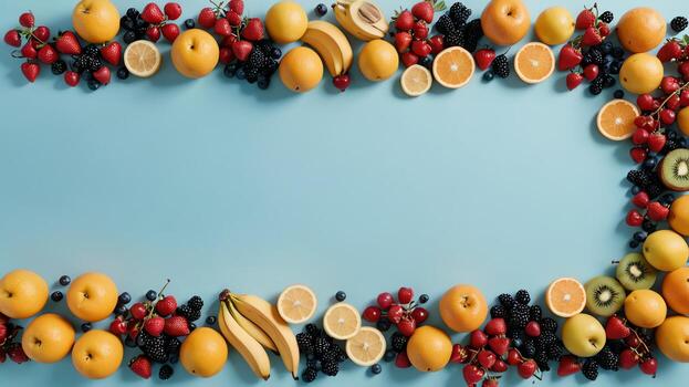 Fruta en un azul mesa, diseño antecedentes objeto en el mesa, aleatorio Fruta marco frontera foto