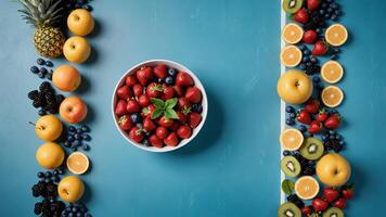 fruit on a blue table, design background object on the table, random fruit frame border photo