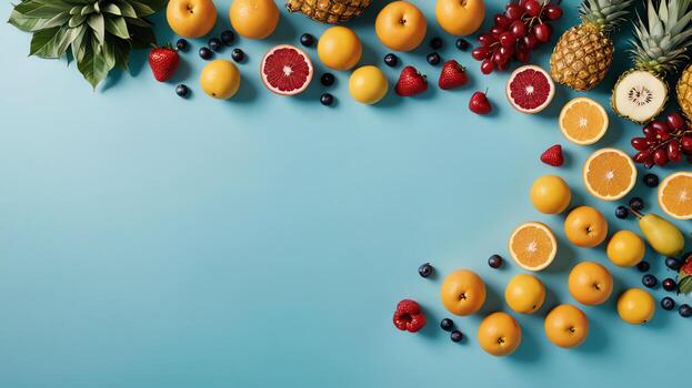 Fruta en un azul mesa, diseño antecedentes objeto en el mesa, aleatorio Fruta marco frontera foto