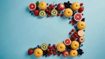 fruit on a blue table, design background object on the table, random fruit frame border photo