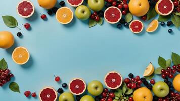 fruit on a blue table, design background object on the table, random fruit frame border photo
