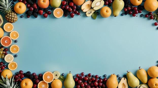 Fruta en un azul mesa, diseño antecedentes objeto en el mesa, aleatorio Fruta marco frontera foto