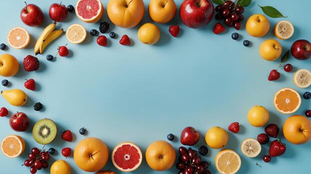 Fruta en un azul mesa, diseño antecedentes objeto en el mesa, aleatorio Fruta marco frontera foto