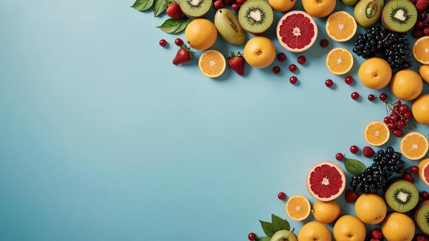 Fruta en un azul mesa, diseño antecedentes objeto en el mesa, aleatorio Fruta marco frontera foto