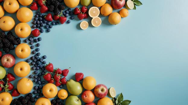 Fruta en un azul mesa, diseño antecedentes objeto en el mesa, aleatorio Fruta marco frontera foto