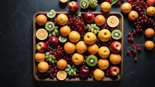 Fruta en un negro mesa, diseño antecedentes objeto en el mesa, aleatorio Fruta marco frontera foto