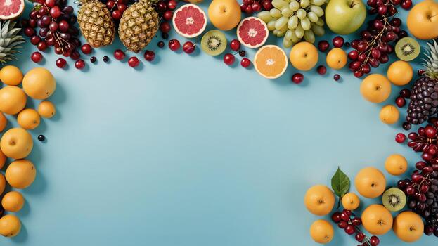 Fruta en un azul mesa, diseño antecedentes objeto en el mesa, aleatorio Fruta marco frontera foto