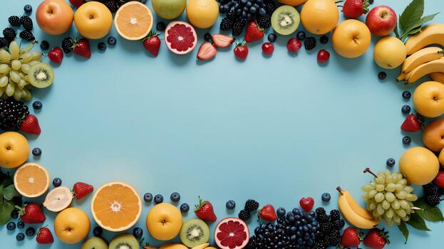 Fruta en un azul mesa, diseño antecedentes objeto en el mesa, aleatorio Fruta marco frontera foto