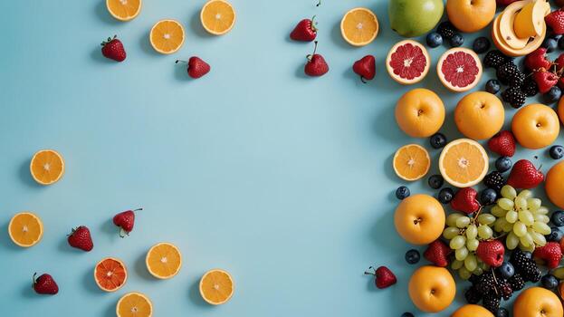 Fruta en un azul mesa, diseño antecedentes objeto en el mesa, aleatorio Fruta marco frontera foto