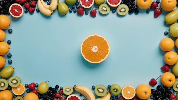 Fruta en un azul mesa, diseño antecedentes objeto en el mesa, aleatorio Fruta marco frontera foto