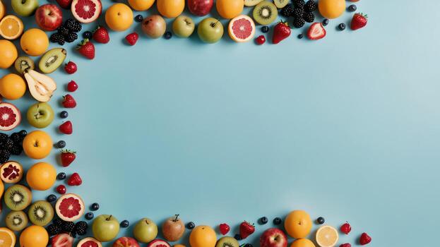 Fruta en un azul mesa, diseño antecedentes objeto en el mesa, aleatorio Fruta marco frontera foto
