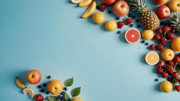 Fruta en un azul mesa, diseño antecedentes objeto en el mesa, aleatorio Fruta marco frontera foto