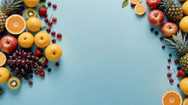 Fruta en un azul mesa, diseño antecedentes objeto en el mesa, aleatorio Fruta marco frontera foto