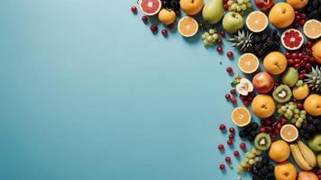 fruit on a blue table, design background object on the table, random fruit frame border photo
